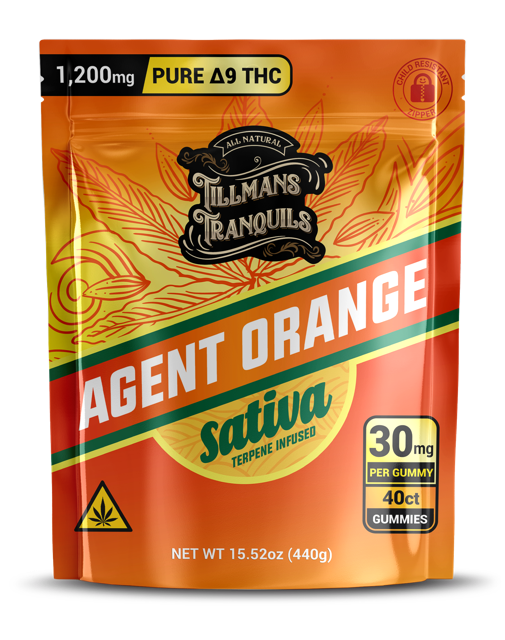 Tillman's Tranquil's Agent Orange Sativa gummy packaging with orange and yellow design.